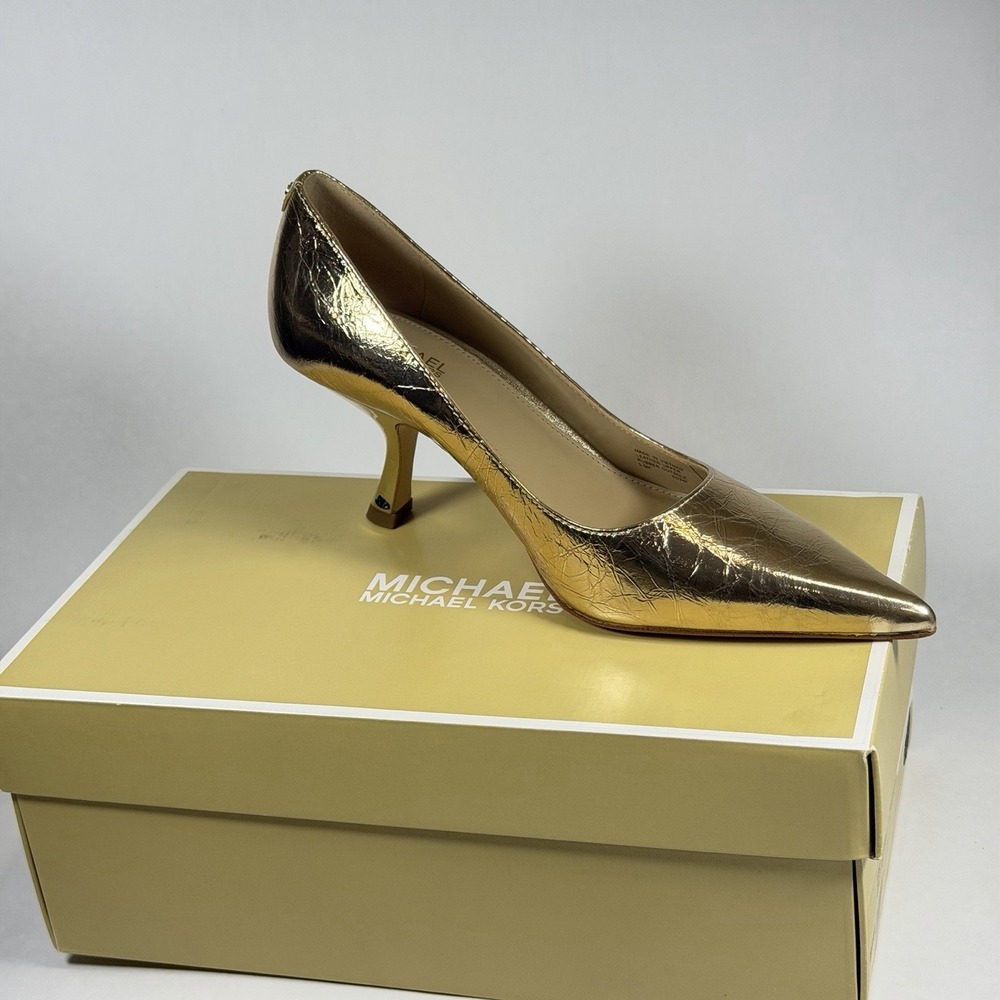 Michael Kors Size-5.5M Women Luna Mid Pump Heels Pale Gold Leather - Picture 4 of 5